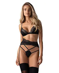 Комплект Obsessive Lobellis 3-pcs set, XL/2XL, чорний, ліф з м’якою чашкою, стрінги, пояс для панчіх