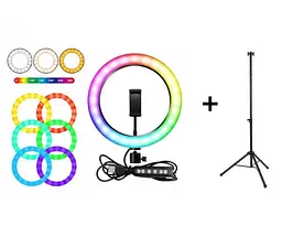 Селфи-лампа LED кольцевая Voltronic MJ-20 RGB 20см + штатив - мініатюра 1
