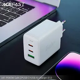 Зарядний пристрій Acefast GaN A41 3 виходи 2*Type-C і 1*USB 65W біле - мініатюра 3
