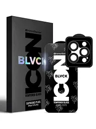 Комплект захисних скла для Apple iPhone 13 Pro Max, Supreme Plus Black Icon, загартоване повноекранне 3D скло на екран і скло на камеру, протиударне 9H, ультратонке, з олеофобним і жировідштовхуючим покриттям, ArmorStandart (ARM68070)