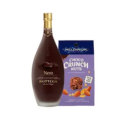 Набір: Лікер Bottega Cioccolato Nero 15% 0.5 л + Цукерки Millennium Choco Crunch з мигдалем, пластівцями та рисовими кульками 100 г