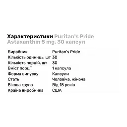 Натуральна добавка Puritan's Pride Astaxanthin 5 mg 30 капсул - мініатюра 2