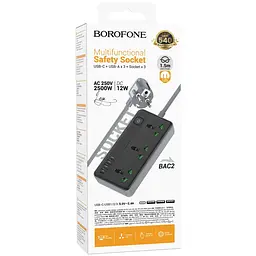 Подовжувач Borofone BAC2 Leya (3USB-A/1C/3xSocket) (1.5m) Black - мініатюра 2