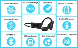 Кісткові навушники для плавання ESON M6 з 32 ГБ вбудованої пам'яті, Bluetooth 5.3, MP3-плеєром, шумоподавленням та IP68 - мініатюра 13