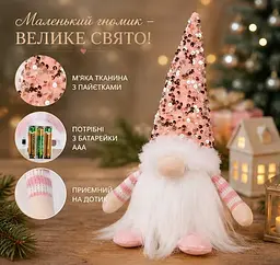 Гном новорічний з підсвічуванням декоративна фігурка з блискітками різдвяний декор рожевий - мініатюра 3