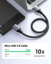 Кабель Ugreen 1м USB 3.0 - Micro USB Type-B 5 Гбіт/с 5V/3A USB 3.0 A на Micro-B для жорских дисків чорний (80793) - мініатюра 4