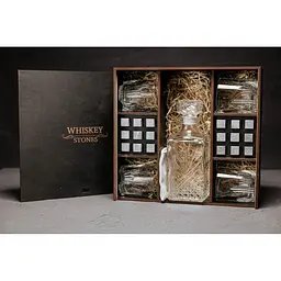 Подарунковий набір Whiskey Stones камені для віскі в дерев'яному пеналі №8 + декантер і 4 склянки Rocco Selecta + щипці + мішечок - мініатюра 2