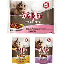 Набір вологих кормів для стерилізованих котів Migliorgatto Sterilized ягня 2 шт. + курка та індичка 2 шт. 340 г (4 шт. x 85 г) - мініатюра 2