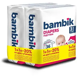 Підгузки Bambik Medium 4-9 кг Розмір 3 Midi 2 х 36 шт (4823071664027)