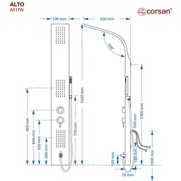 Душова панель Corsan Alto silver з виливом A017MSLW, Сірий - мініатюра 2