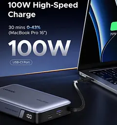 УМБ Ugreen 20000mAh 145W PD3.1.QC, USB-A,USB-С IN/OUT, with built in USB-C cable (PB551) Gray - мініатюра 5