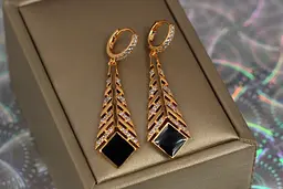 Сережки підвіски Xuping Jewelry перо із чорним квадратом 4,5 см золотисті