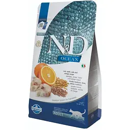 Низькозерновий сухий корм для дорослих котів Farmina N&D Ocean Cod, Spelt, Oats & Orange Adult із тріскою, спельтою, вівсом та апельсином 1.5 кг