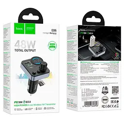 Адаптер автомобільний HOCO Alegria dual port car BT FM transmitter E86 2USB/Type-C, 48W/3A, PD/QC - мініатюра 2