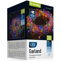 Гірлянда ColorWay LED 200 20 м (8 режимів) різнокольорова (прозорий кабель) USB (CW-G-200L20UTMC)