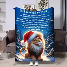 Плед плюшевий 3D з побажаннями для онука Онуку зимовий лев 160х200 см