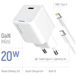 Зарядний пристрій ColorWay C101D GaN Mini 20 Вт PD PPS USB-C + кабель USB-C — Lightning білий (CW-CHS059PDL-WT) - мініатюра 8