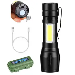 Ліхтар ручний акумуляторний з USB-зарядкою, бічним світлом та ZOOM HB-513-XPE+COB - мініатюра 2