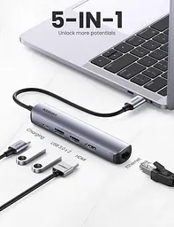 Usb розгалужувач хаб Ugreen CM418 Usb-C to 2xUsb 3.0+HDMI+RJ45 Ethernet Adapter+PD (10919) - мініатюра 2