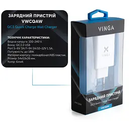 Зарядний пристрій Vinga QC 3.0, настінний, швидке заряджання, 1xUSB, макс. 18 Вт (VWCQAW) - мініатюра 4