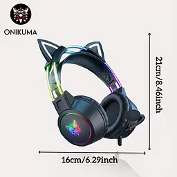 Накладні ігрові навушники Onikuma X15 Pro дротові з гарнітурою і котячими вушками та RGB-підсвіткою чорні - мініатюра 4