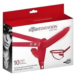Подвійний страпон Fetish Tentation Vibrating Strap-On with Double Red з вібрацією - мініатюра 3