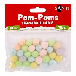 Декоративні помпони для творчості Santi 955452 пастельні кольори, акрил, d-10 мм, 30 шт