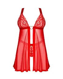 Бебі-дол Obsessive Elianes babydoll & thong, XL/2XL, червоний, мереживний ліф, трусики-танга в наборі - мініатюра 3
