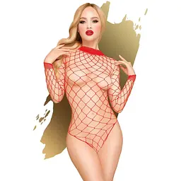 Боді Penthouse Scandalous S/L Red, велика сітка, високий комір, довгі рукави