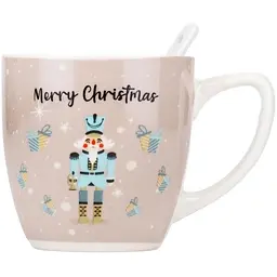 Новорічна чашка Elisey 9150-002-1 Merry Christmas керамічна з ложкою 175 мл Бежева