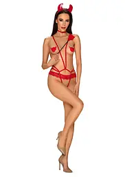 Еротичний костюм чортика зі стреп Obsessive Evilia teddy red S/M, боді, чокер, накладки на соски, обруч з ріжками - мініатюра 3