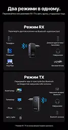 Аудіопередавач і приймач Vention Bluetooth 6.0 AUX 3,5 мм передавання на дві пари навушників або приймання з двох телефонів по черзі мікрофон для дзвінків у режимі приймання приблизно 9 год передавання/12 год приймання AAC/SBC кнопкове керування відтворенням і дзвінками до 10 м на відкритій місцевості автопідключення в режимі приймання знімний адаптер minijack 3,5 мм із двома штекерами заряджання USB-C темно-сірий і чорний із синім кільцем (NAOH0) - мініатюра 2