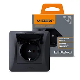 Розетка Videx Binera одинарна із заземленням та кришкою чорний графіт (VF-BNSK1GС-BG)