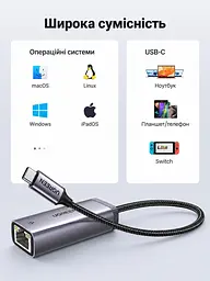 Мережевий адаптер Ethernet UGREEN CM483 зовнішня мережева карта з USB-C 3.1 Gen 1 на порт RJ45 до 1000 Мбіт/с для Windows macOS Linux та iPadOS із підтримкою Switch без встановлення драйверів у Windows 11/10/8.1/8 macOS та iPadOS з індикаторами живлення та передавання даних з вбудованим кабелем в обплетенні на чипі AX88179A сіро-чорний (40322) - мініатюра 6