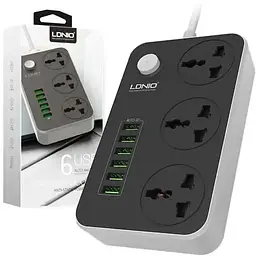 Сетевой фильтр LDNIO SC3604 удлинитель 2 м 3 розетки 6 USB с защитой серо-черный