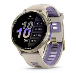 Смарт-годинник Garmin Forerunner 970 із золотистим титановим безелем сірим корпусом і ремінцем кольору французький сірий/індиго