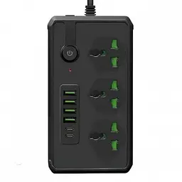 Мережевий подовжувач фільтр на 3 розетки та 4 USB, переносна розетка-подовжувач чорний