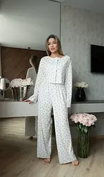 Пижама женская с вишнями комплект кофта и штаны хлопковая Белая M - миниатюра 6