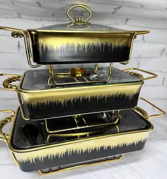 Набір з 3-х мармітів керамічних прямокутних Kitchen з кришками із скла Чорно Золотий - мініатюра 3