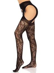 Стрип-колготки Leg Avenue Eyelet lace suspender hose, One Size, чорні, ажурні, з відкритим доступом - мініатюра 2