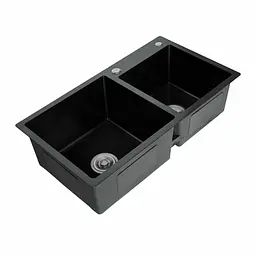 Кухонна мийка 78x43 PVD чорна на дві чаші Platinum Handmade HDB (круглий сифон, 3.0/0.8), Чорний - мініатюра 2