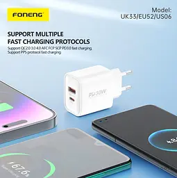 Мережевий зарядний пристрій Foneng EU52-CH PD 30W (1xUSB, 1xType-C) Білий - мініатюра 2