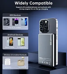 Універсальна мобільна батарея Choetech Magnetic Wireless 5000mAh 20W PD Qi-15W USB-C In/Out, тонкий, чорний - мініатюра 9
