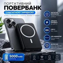 Магнітний повербанк 5000 мА·год MagSafe для iPhone та Android. Чорний - мініатюра 9