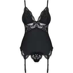 Сатиновий мереживний корсет Obsessive 810-COR-1 Babydoll & Thong S/M, чорний, корсет, танга