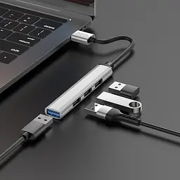 Usb-хаб Hoco HB26 4 in 1 adapter (Usb to Usb3.0+Usb2.0x3) Темно-сірий - мініатюра 2