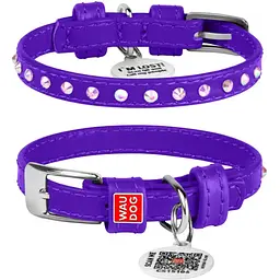 Нашийник для собак Waudog Glamour, шкіряний, зі стразами, з QR паспортом, XS, 19-25х0,9 см, фіолетовий - мініатюра 3