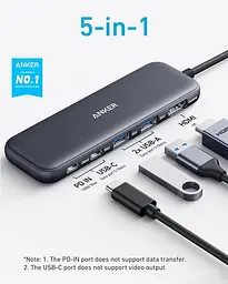 Мультипортовий адаптер - хаб - порт реплікатор Anker 332 Usb-C Hub 5-in-1 (A8355011) - мініатюра 2
