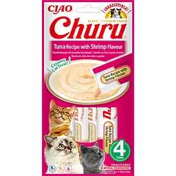 Ласощі для котів INABA Churu, вершковий мус у стіках з тунцем та креветкою, 4×14 г