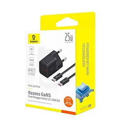 Мережевий зарядний пристрій з кабелем Baseus GaN5 Fast Charger (mini) 1C 25W EU Cluster чорний (with: Fast Charging Data Cable - мініатюра 2